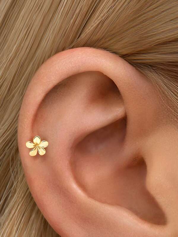 1pc 16G Tiny Gold Five-Leaf Cover Flat Back Labret Stud | Dainty Flower Stud Earrings | Stacking Earring | Cartilage Earring | 925 Sterling Silver Jewelry | Suitable For Women's Daily Wear | Sold As 1 Piece (Not 1 Pair)