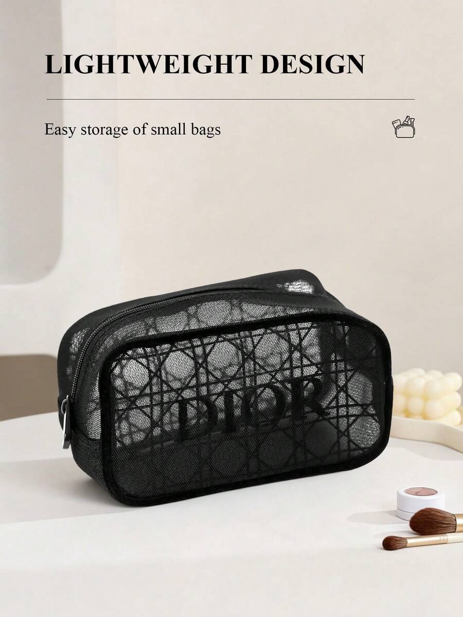 Christian Dior Black Portable High-End Textured Plaid Mesh Cosmetic Bag, Minimalist Toiletry Pouch - Black - View 1