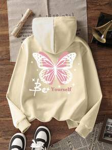 1 件 Tween Girl 保暖连帽运动衫，保暖厚款青少年学生服装，适合儿童秋冬长袖上衣，Y2K/街头服饰/度假/时尚//学院风 - 杏色 - 查看 3