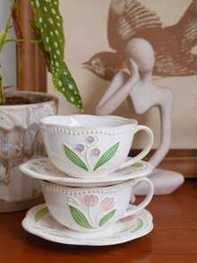 300ml 复古做旧浮雕郁金香咖啡杯碟套装，活性釉花卉陶瓷杯，适合下午茶、早餐杯、牛奶杯、拿铁艺术杯、礼物 - 彩色 - 查看 3