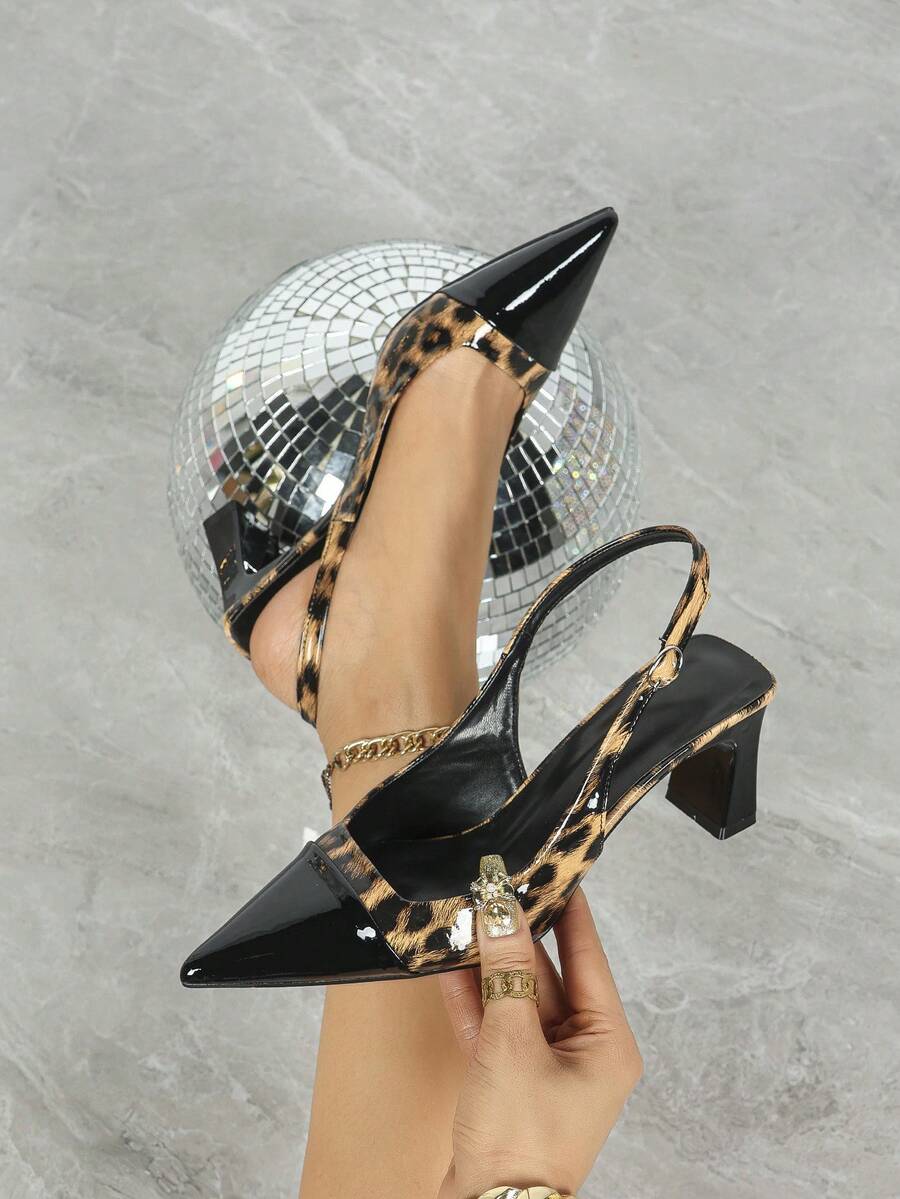 Women's Black Leopard Print Patchwork High Heel Pumps, Chunky Heel Dress Shoes, Slip-On Pointed Toe Sandals - Black - View 1