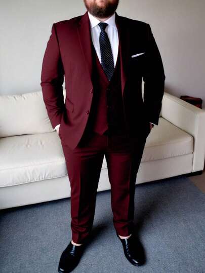 WindsorQuad Furuyal 男士加大码三件套纯色西装，优雅单排扣修身款，包含西装外套、马甲和西裤，适合婚礼、派对、晚宴、正式场合、商务活动等，深酒红色，尺码 XS-3XL