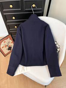 GMFP Women's Casual Elegant Fashion Solid Color Stand Collar Button Short Loose Overcoat, Navy Blue Wool, Suitable For New Year/Valentine's Day - Navy Blue - View 3