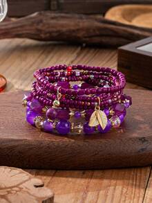 4pcs/Set Multi-Layer Beaded Bracelet Set, Vintage Bohemian Style Leaf Pendant Layered Bracelet Accessories For Women Daily Wear