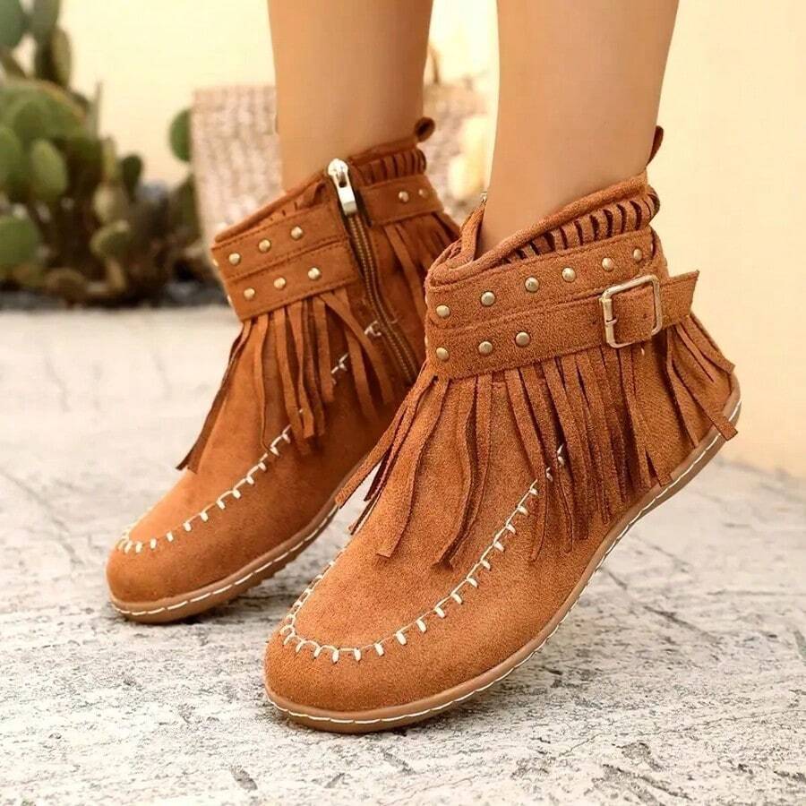 Fashion Tassel Boots, Stylish Tassel Women's Ankle Boots Short Boots, Rivet Decoration, Round Toe And Flat Heel, Suitable For Casual Or Formal Occasions - 棕色 - 查看 1