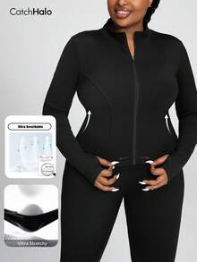 Plus Size Slim Fit Curvy Sports Jacket, Black Thumb Hole Ultra Breathable Full Zip Up Stand Collar Fitted Figure-Flattering Non-Restricting Workout Coat, Fall Winter Gym Running Daily Casual