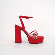 Elegant And Stylish 4.8-Inch Chunky Heels With Adjustable Strap And Sparkling Detail - Red - View 6
