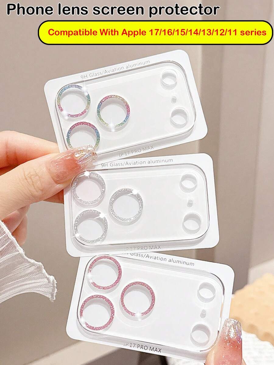 1 件闪亮一体式钢化玻璃相机镜头保护膜，全覆盖防刮镜头保护套，适用于 17/16/15/14/13/12/11 系列 - 粉色 - 查看 1