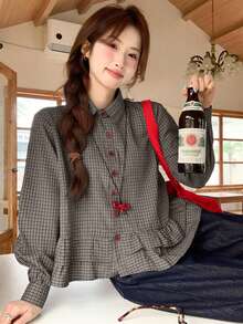 女士秋冬蓝色格子下摆荷叶边拼布衬衫，休闲装，通勤装，长袖衬衫，短款上衣