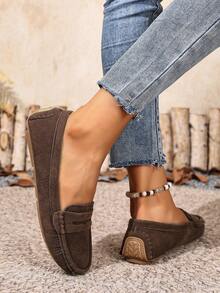 新款女士绒面针织咖啡棕色平底鞋,优雅仿绒面深棕色平底鞋,四季皆宜的舒适纯色套脚乐福鞋,圆头百搭休闲高端轻便户外/工作鞋,适合女性,工作鞋,女士套脚鞋,女士正装鞋,商务休闲女鞋 - 咖啡棕 - 查看 4