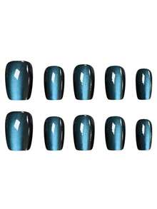 30 móng giả acrylic vuông ngắn, đính đá mắt mèo, màu hồng và nâu trong suốt bóng, hạt thủy tinh có thể tháo rời, thích hợp cho kiểu móng Pháp. - Màu xanh lam - Xem 3
