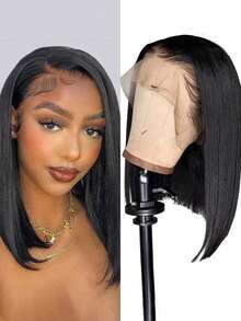 Eulisi 13X4 短款波波头假发，100% 真人发，180% 密度，直发蕾丝前假发，女士真发，无胶高密度蕾丝前假发，60% 真人发，预先拔毛，带婴儿发，自然发际线，8-14 英寸 - 自然色&黑色系 - 查看 3