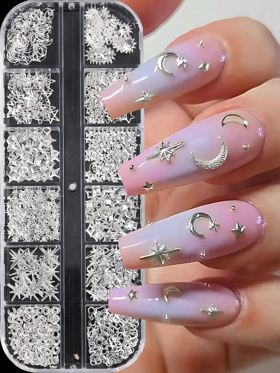 12 Fächer Silberfarbenes Metall Nagel Ornamente Sterne Mond Herz Nieten Nagelkunst Dekorationen Japanischer Stil 3D Legierung Nagel Nieten Schmuck für Maniküre DIY Kunst Dekorationen