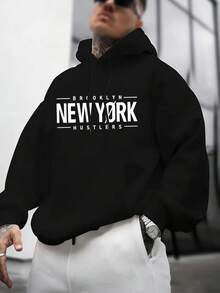 Zrgoth 男士休闲街头连帽衫，印有纽约英文标语，抓绒内衬，秋冬款 - 黑色 - 查看 1