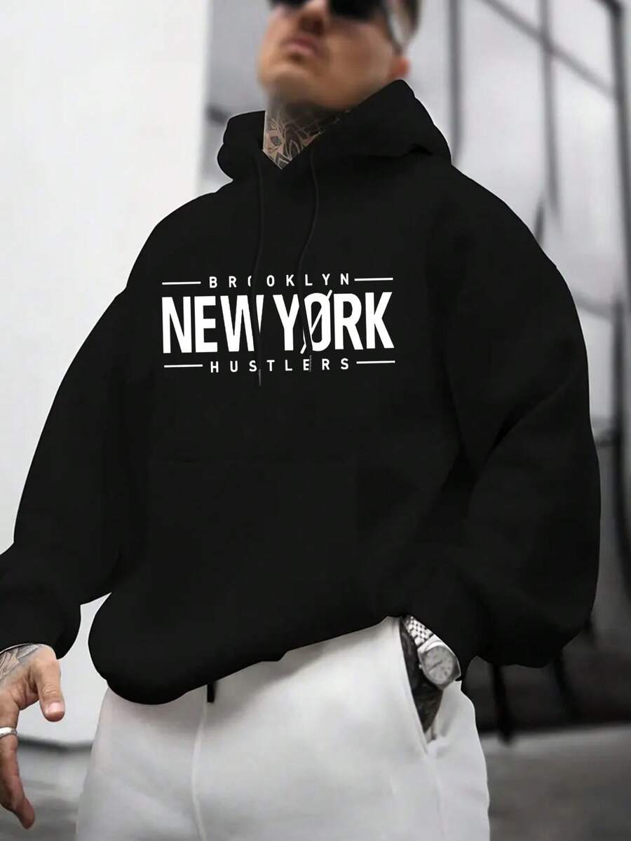 Zrgoth 男士休闲街头连帽衫，印有纽约英文标语，抓绒内衬，秋冬款 - 黑色 - 查看 1
