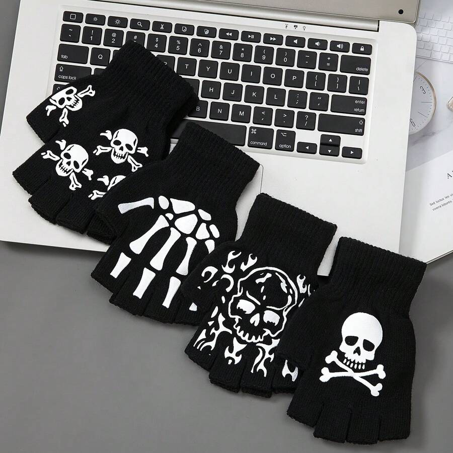 Decorative Warm Gloves Autumn Winter Fingerless Knitted Gloves Fashion Skull Hand Pattern Gloves PQSV - D - 查看 1