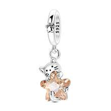 Cat Charm Holding Stars 925 Sterling Silver Charm Pendant Fit Original Bracelet Necklace DIY Charms Fine Jewellery Friend Birthday Gifts