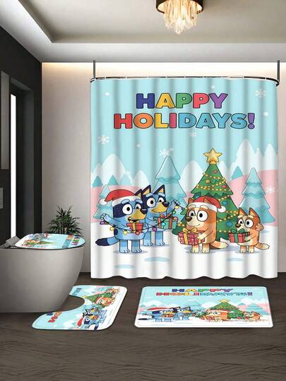 Bluey [Christmas Bluey Bathroom Shower Curtain Set] 1/3/4 Pcs Christmas Solid Color Santa Hat Bluey Family And Friends Holiday Pattern Printed Shower Curtain Set, Modern Design, Suitable For All Seasons, Waterproof Polyester Hooks And Lining, Flannel Material, Soft Surface, Bathroom Anti-Slip Mat, Bathroom Set Includes U-Shaped Mat, Toilet Mat, Anti-Slip Bathroom Mat And Bathroom Accessories, Home Decor, Holiday Decor, Christmas Gift, Daily Decor, Gift]