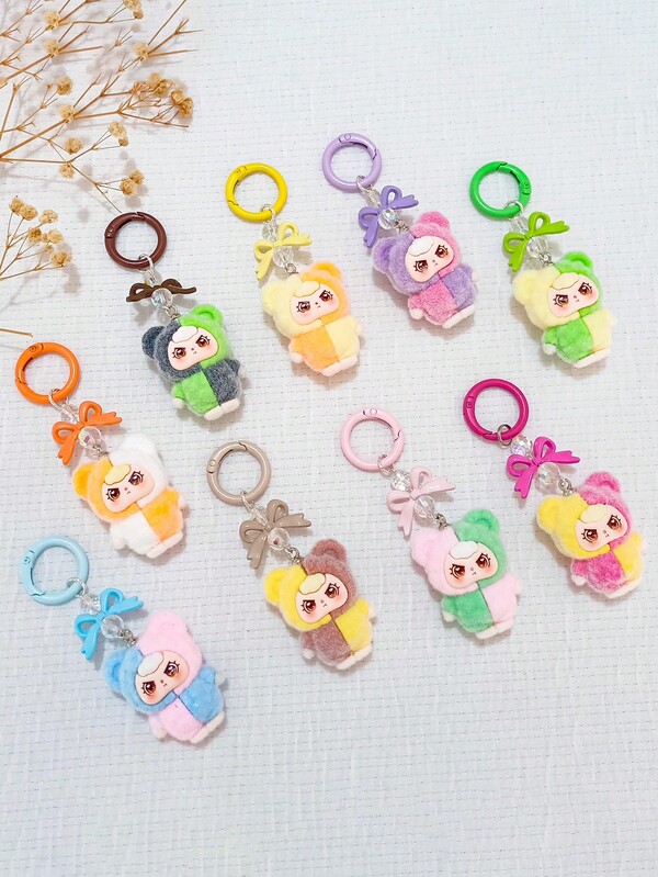 1pc Cute Cartoon Flocked 3D Keychain, Car Bag Pendant, Creative Gift, Suitable For Students And Daily Use