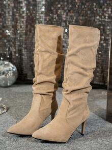 Fall/Winter Women's Fashion Pointed Toe Pleated High Heel Boots,Kitten Heel Boots,Party - Camel - View 6