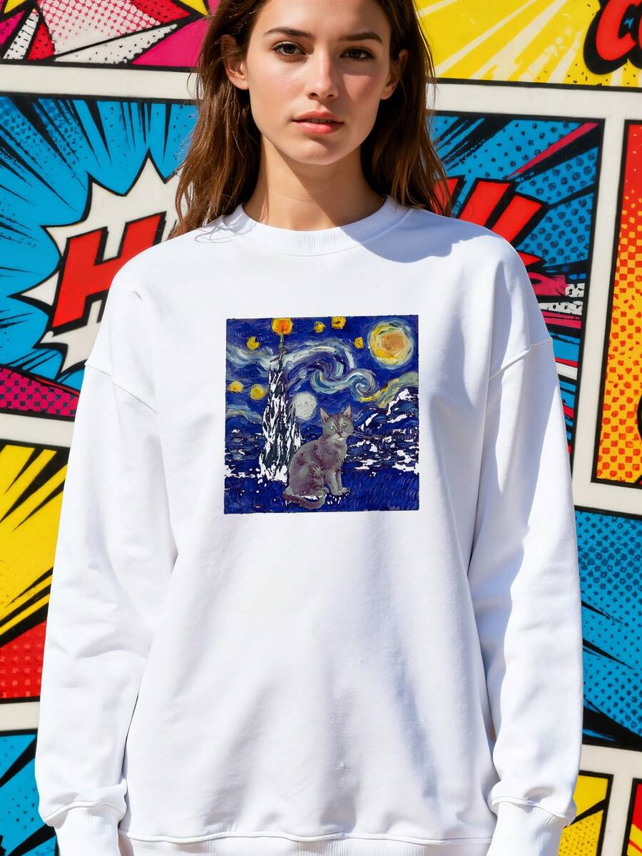 Gray-Cat-Van-Gogh-Starry-Night-Long-Sleeve Sweatshirt - White - View 1