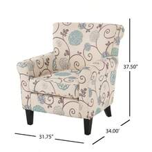 Modern Dark Gray Fabric Reading Chair, Floral Club Chair, Lazy Chair With 1.5 Times Sponge Filling And Side Pockets, Adult Sofa Chair, Suitable For Living Room, Bedroom, Baby Room, RV, Brown Retro White And Blue