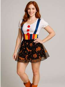 Disfraz Payasita de Halloween, Conjunto de Body a Rayas y falda short de malla trasparente para fiesta mujer dama sexy con diseño estampado de murciélagos, calabazas, fantasmas, esqueletos y brujas. Festividad Noviembre Día de Muertos Disfraces Cosplay - Negro y oro - Ver 4