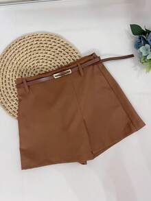 Sophisticated And Elegant Set | Suit-Style Blouse With High Slit At The Hem | Simple Cut Short-Skirt With Belt | Office And Party - Đồng - Xem 6