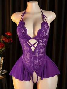 Sexy Lingerie, Open Crotch Design, Floral Lace Patchwork With Ruffle Trim Elegant Ladies Teddy, Bedroom Seduction Outfit