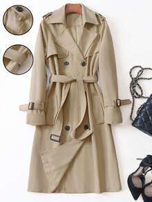 女士百搭优雅秋冬风衣，时尚通勤休闲长款风衣，英伦风 - 卡其色 - 查看 3