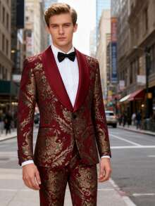 Men's Jacquard Slim-Fitting Two-Piece Suit, Shawl Lapel Evening Dress, Wedding Ball Gown Set - Burgundy - View 4