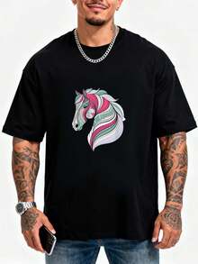 Camiseta de arte abstracto de caballo, camiseta de moda con diseño geométrico de caballo nativo americano, camisetas unisex, regalo para hombres y mujeres - Negro - Ver 1