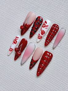 10pcs Elegant Almond-Shaped Long Lasting Nail Stickers - Red Ombre Pink Nails, Red & Black Lip Print French Manicure, Decorated With 3D Cherry And Crystal Silver Droplets - Enthusiasm Feast Nail Art Set, Reusable, Includes Nail Glue And Nail File - Goth Y2K Nail Supplies - 紅色 - 查看 3