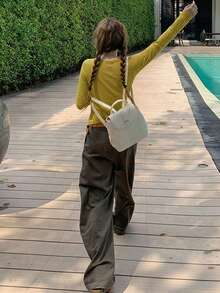 Áo lót dáng ngắn tay dài cổ tròn kẻ sọc cổ điển, đa năng cho mùa thu/đông và mùa xuân. - Màu vàng - Xem 8