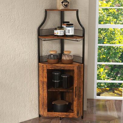 Hodeffior Industrial Corner Wine Bar Cabinet, 5-Tier Liquor Cabinet With Removable Wine Rack And Glass Holder, Farmhouse Storage Bar Cabinet For Dining Room, Living Room, Kitchen