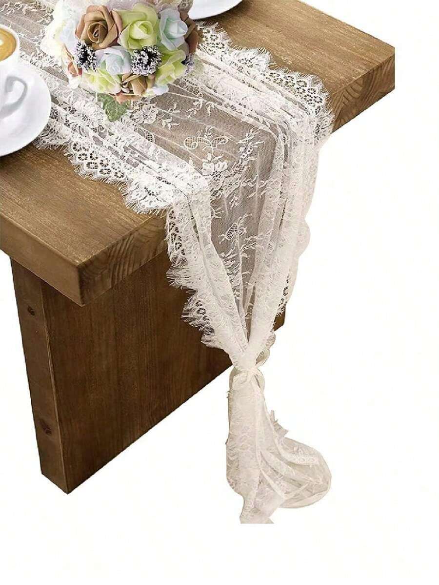 1 pieza 14*118 pulgadas Camino de mesa de encaje, Caminos de mesa de boda bordados estilo bohemio, Mantel de encaje rústico vintage para decoraciones de boda, fiesta nupcial y ducha nupcial. - Blanco - Ver 1