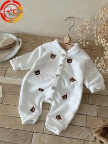 INS Baby Girls Bear Embroidery Thermal Lined Long Sleeve Jumpsuit, Warm For Winter