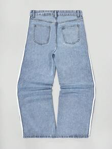 Jeans de mezclilla casual con bolsillo, cremallera y botones con rayas de contraste para mujer