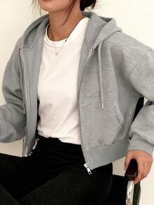 Sudadera con capucha, versátil, moderna, entallada, con cremallera, cálida, de color liso y forro polar para mujer Sudaderas de Mujer Abrigos de Mujer - Gris - Ver 4