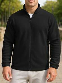 男士抓绒拉链立领夹克 - 多功能外套，适合滑雪、徒步、露营和日常寒冷天气通勤，冬季适用，滑雪 - 黑色 - 查看 5