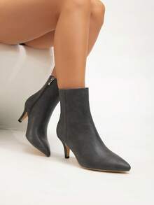 秋冬新款女士百搭保暖性感优雅细高跟尖头踝靴和高跟踝靴，猫跟鞋 - 深灰色 - 查看 3