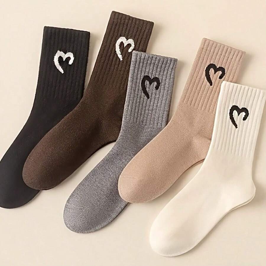 5 Paar leichte, atmungsaktive Socken mit Halbherz-Muster, einfarbige Mittelsocken in Maillard-Farben, atmungsaktiv und schweißabsorbierend, universell für alle Jahreszeiten geeignet, passend für Outdoor-Sportarten, täglichen Lässig-Gebrauch, weiche Wintersocken für Zuhause, bequem für den Innenbereich.