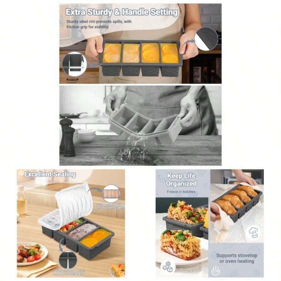 Silicone Freezer Molds Soup With Lid U2013 1 - Cup Soup Container Style Cube Trays Freezer, Meal Prep Food Storage, Freeze 250mL125mL Portions U2013 2 Pack - Xám đậm - Xem 1