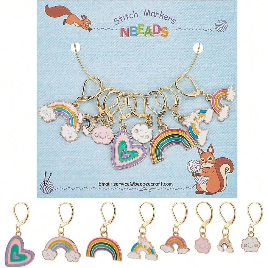 8 Pcs Rainbow Heart Stitch Markers, 8 Styles Enamel Alloy Crochet Stitch Marker Charms Removable Dangle Locking Stitch Marker For Knitting Weaving Sewing Accessories Quilting Handmade Jewelry{"Color_name":"RainbowHeart"} - 彩虹之心 - 查看 1