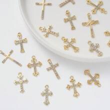 10/20pcs Fashionable Full Rhinestone Cross Zinc Alloy Small Pendant DIY Earrings, Necklace, Bracelet Jewelry Accessories - Gold - View 4