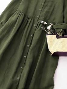女式 V 领前开式休闲优雅 3/4 袖宽松中长连衣裙，秋季/春季 - 軍綠色 - 查看 5