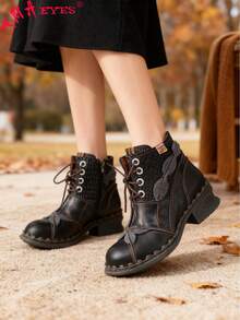 1 Pair TMA EYES Solid Color Punk Retro Casual Lace-Up Ankle Boots And Ankle Boots, Suitable For Office, Outdoor, Home Wear, All Seasons - Black - View 2