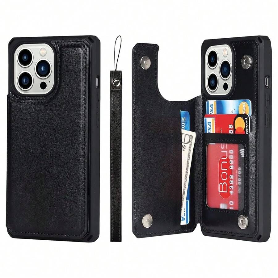 For IPhone 13 Pro Max Case With Card Holder, Wallet Case For Women Men,For IPhone 13 Pro Max Phone Case With Stand And Strap,Leather Shockproof Protective-Black{"Color_name":"B-Black"} - 多色8 - 查看 1