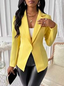 Women's Solid Color Lapel NeckLong Sleeve Casual Office Blazer Jacket, Autumn - Yellow - View 4
