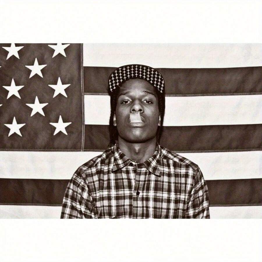 [ASAP Mob Tapestry]  BG18473 ASAP Mob Rocky Flag <Long.Live. A$AP> Album Tapestry Black & White Plaid Design, Hip Hop Art,  Durable Fabric With 4 Metal Gromme, Indoor/Outdoor Music-Themed Wall Decor, Rock And Roll Decor, Urban Style Hip-Hop Fan Gift For Birthday Christmas Halloween. Valentine's Day Music Festival - 彩色 - 查看 1